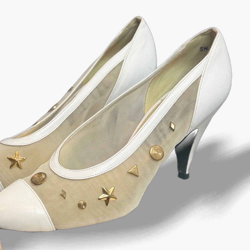 Vintage Stuart Weitzman Mesh Studded Embellished Heels White Leather Trim  7 US‎